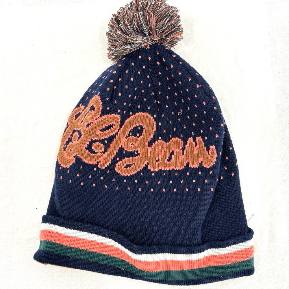 Ll Bean Beanie Knit Hat Stocking Cap Pom Pom Logo Outdoors Winter